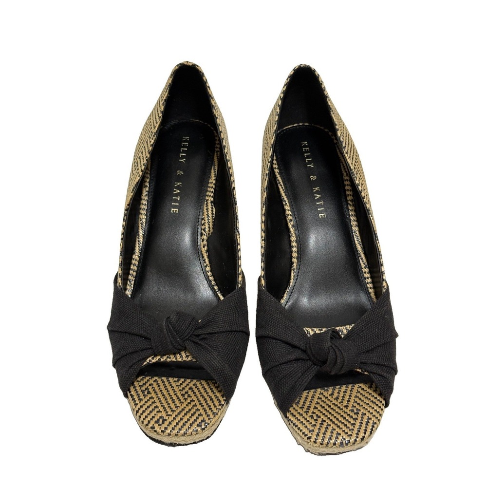 Kelly & Katie 8.5 M Knotted Espadrille Woven Wedge Sandal Black Beige